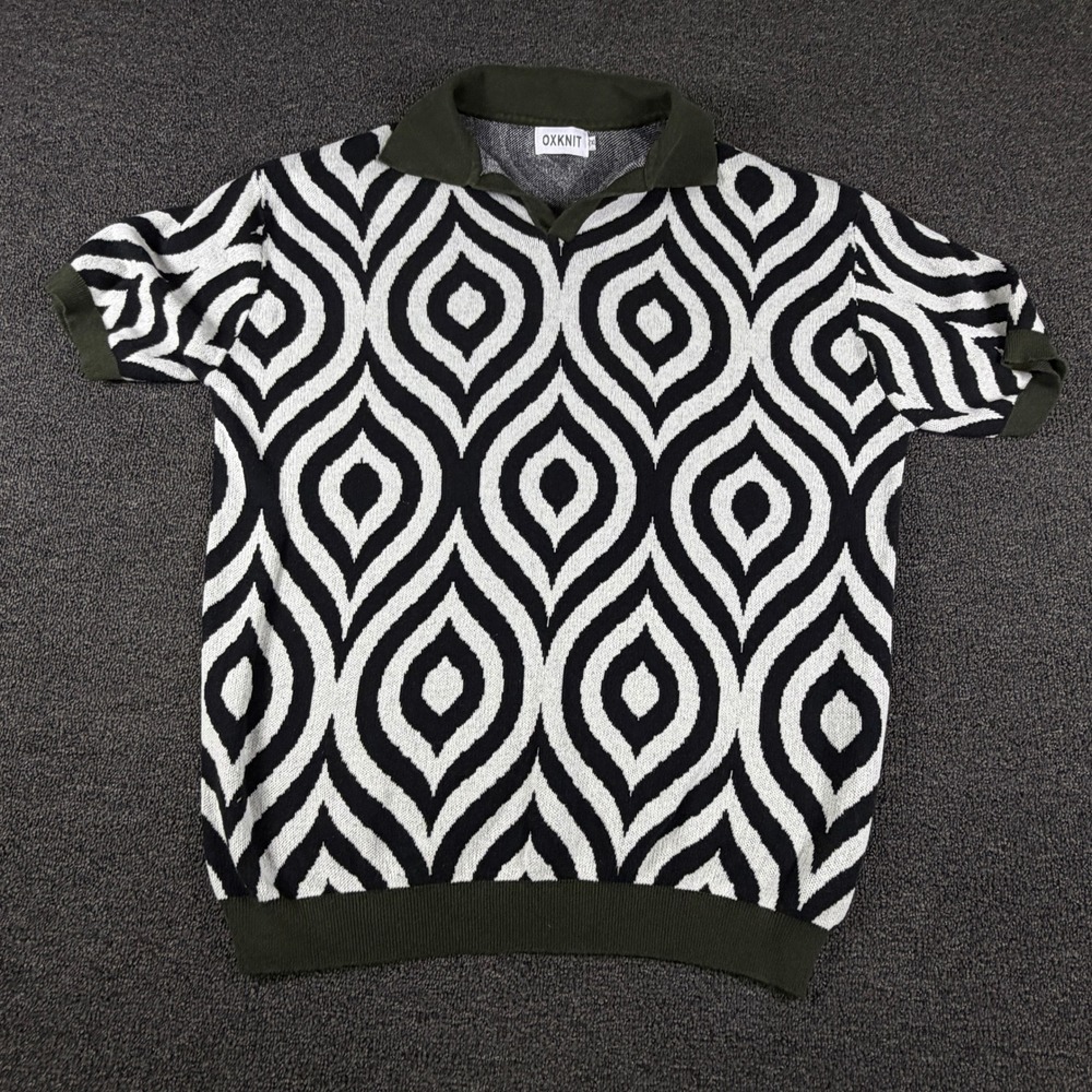 OXKNIT Polo Shirt Mens 2XL Short Sleeve Geometric Teardrop Black White EUC